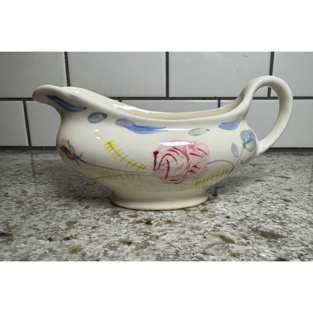 Vintage Hand Painted Floral Gravy Boat Pink Rose Ceramic Creamer Farmhouse Style